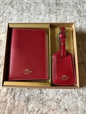 Coach Red Leather Passport Holder & Matching Luggage Tag Set